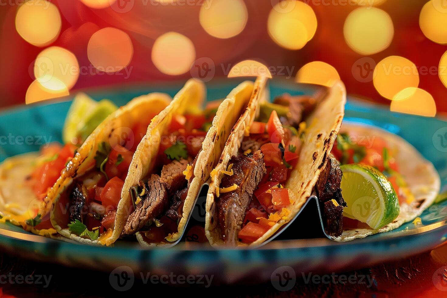 A plate of four tacos with meat and cheese, topped with tomatoes and limes photo