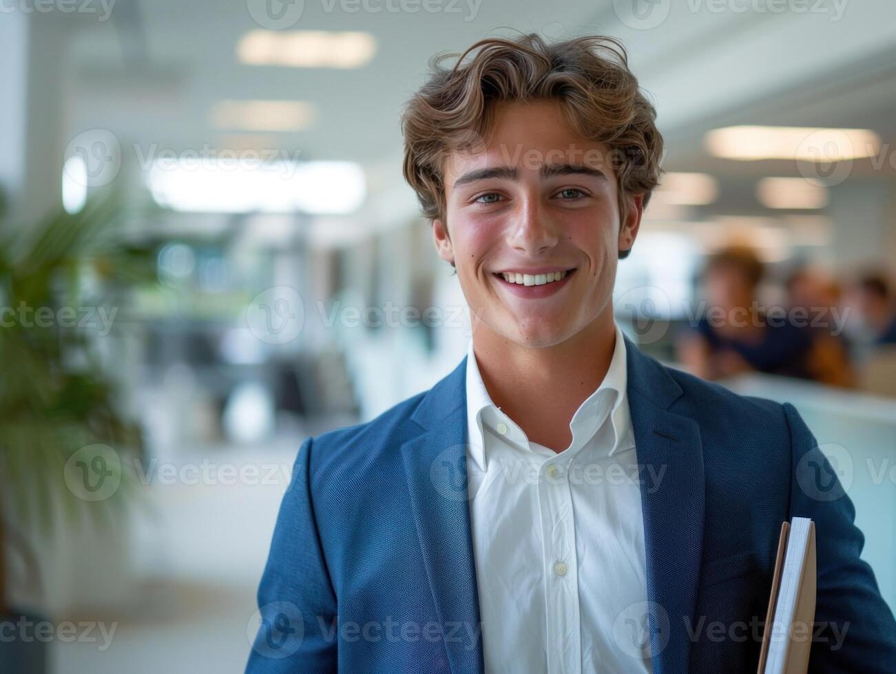 A young man in a suit and tie is smiling and holding a notebook photo