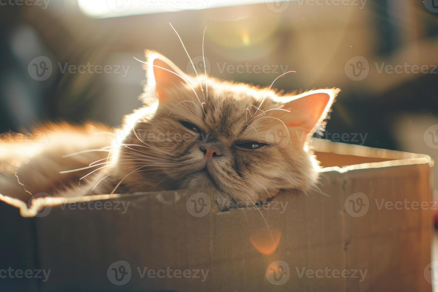 A cat is sleeping in a cardboard box photo