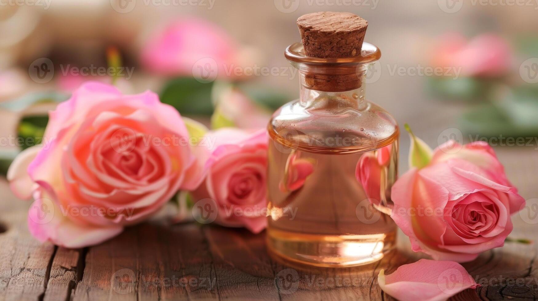 un botella de Rosa petróleo es en un de madera mesa siguiente a un manojo de rosas foto