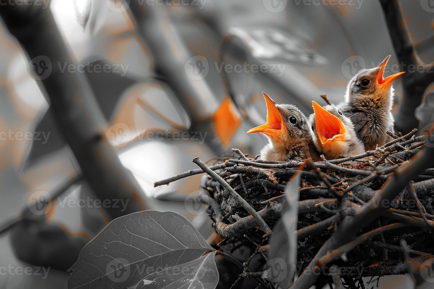 Three baby birds are sitting in a nest, one of which is eating photo