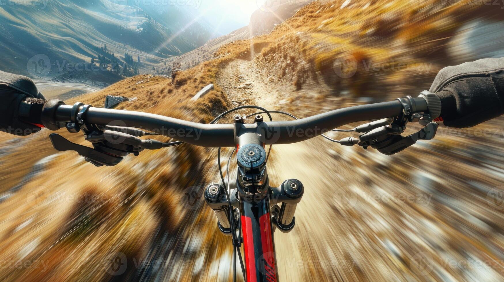 un cerca arriba de un montaña bicicleta jinete en un suciedad la carretera foto