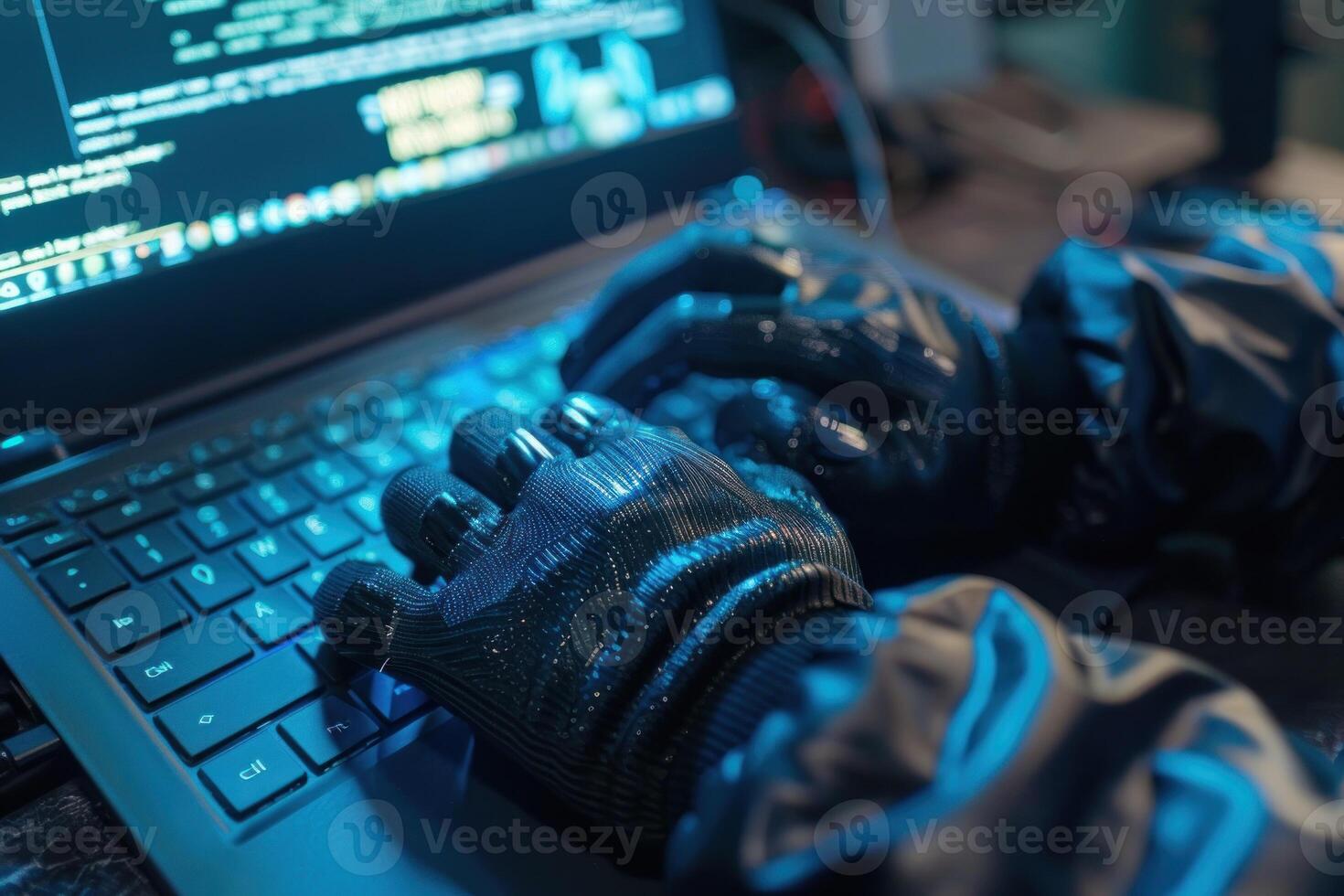 A hacker wearing gloves is typing on a laptop keyboard photo