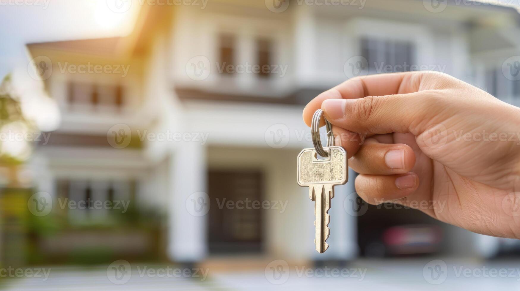 A person is holding a key in front of a house photo