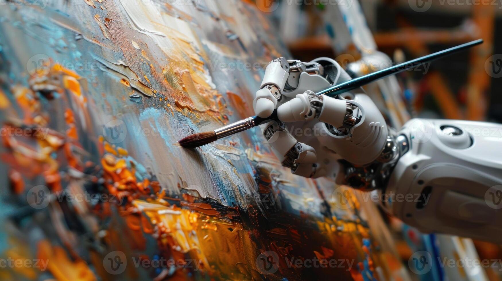 A robot is painting a picture with a brush photo