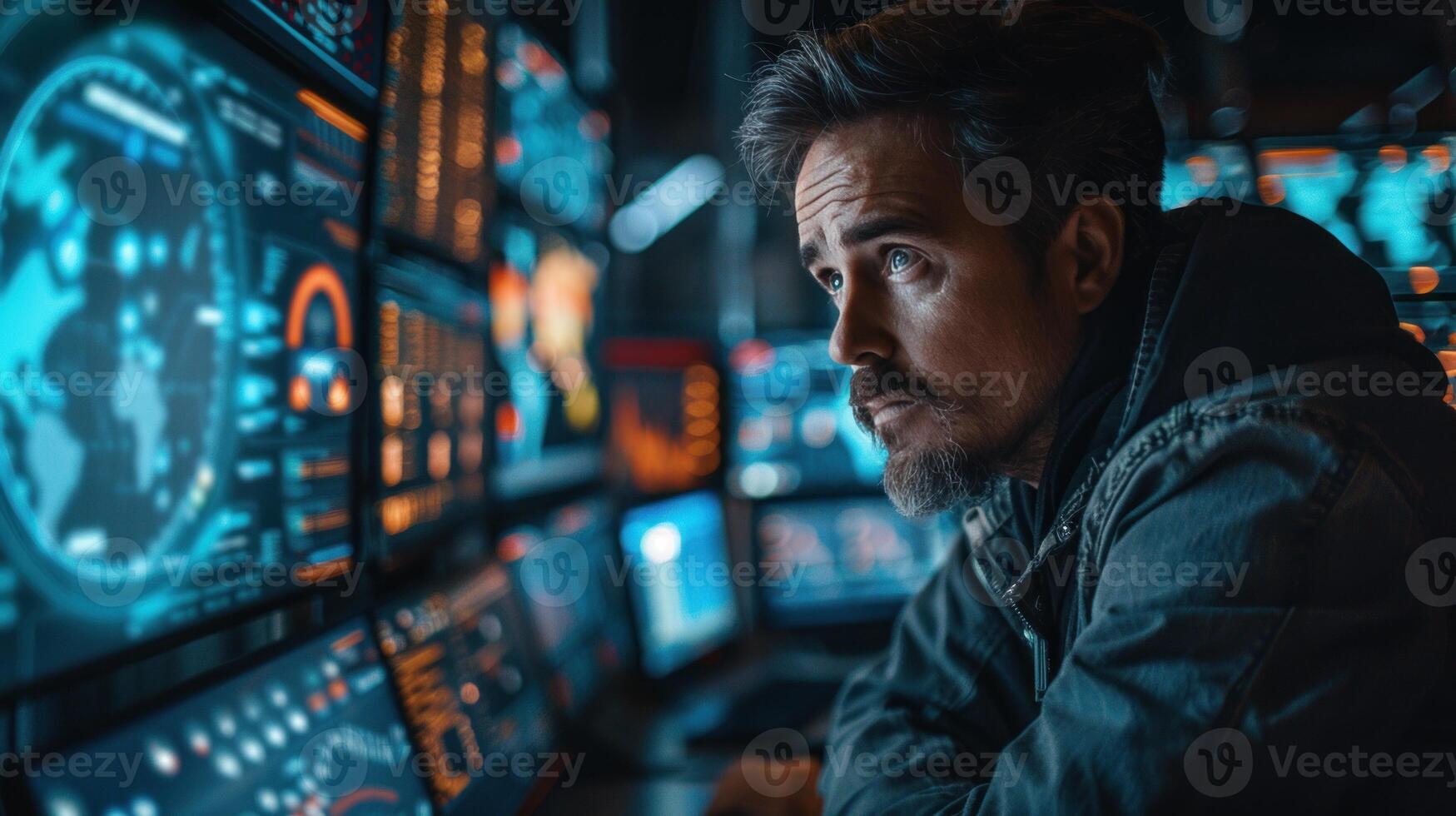 A man is sitting in front of a computer monitor security network photo