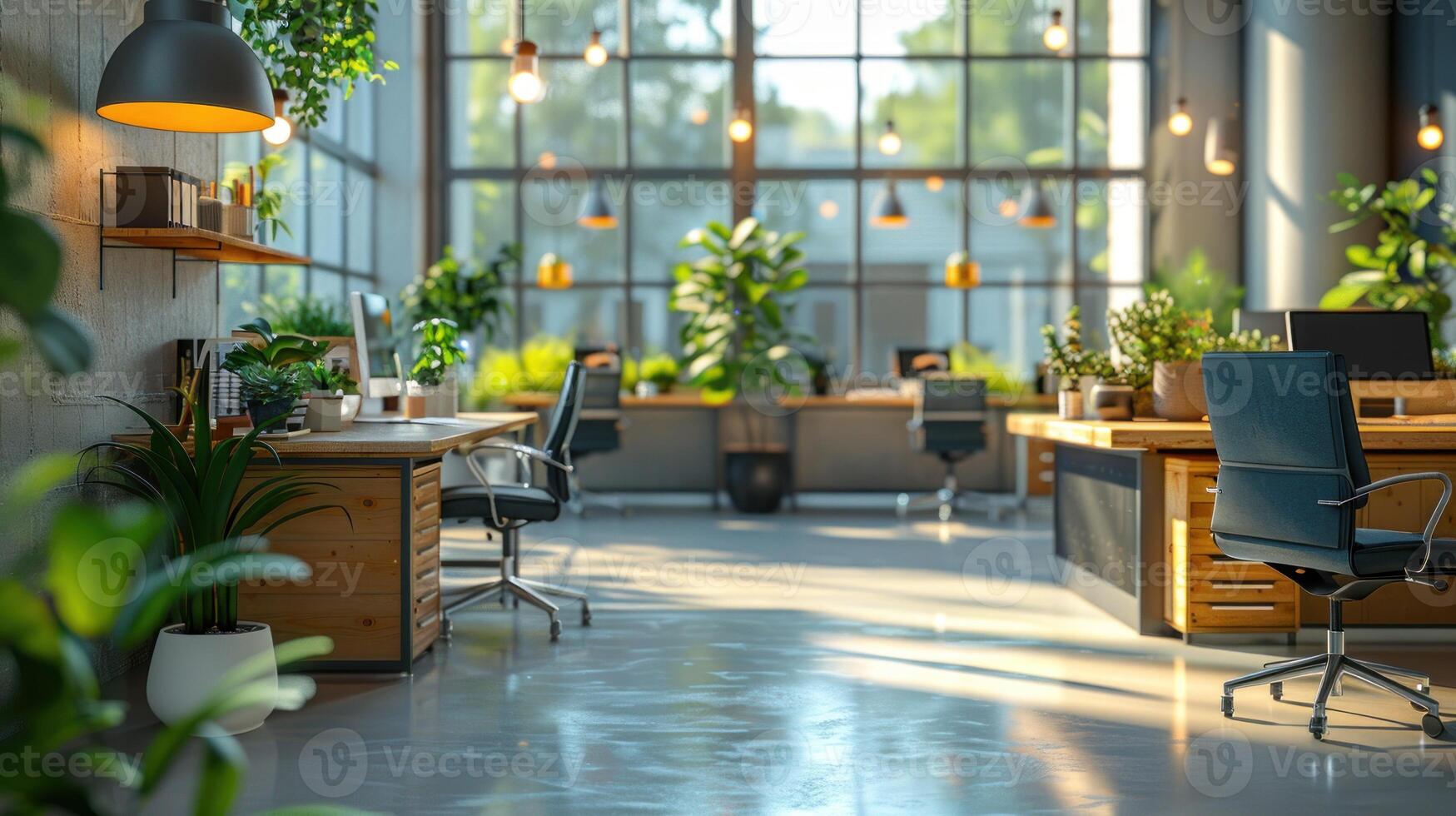A large open office space with a lot of natural light and greenery photo