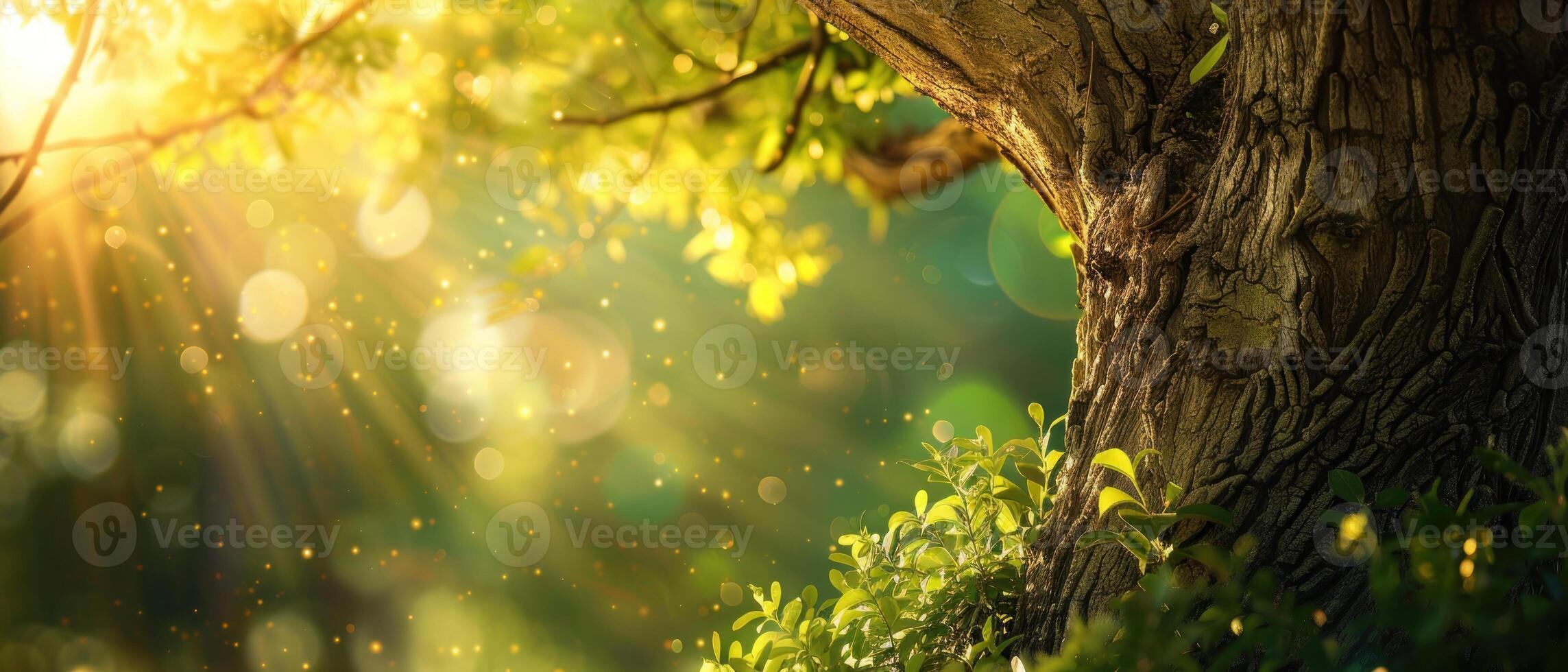 A tree with leaves and a trunk is in the sunlight photo