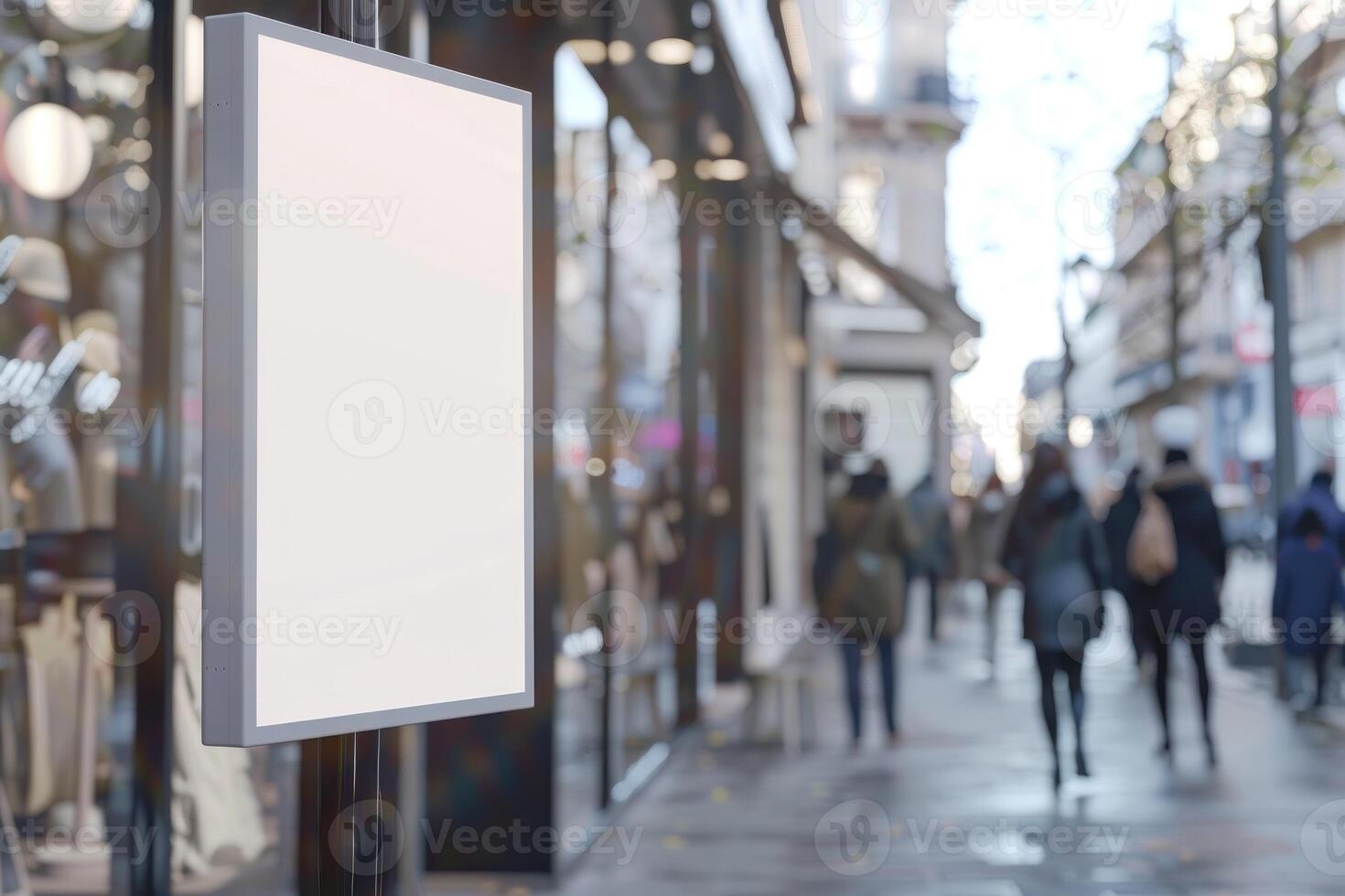 A white sign is hanging on a building photo