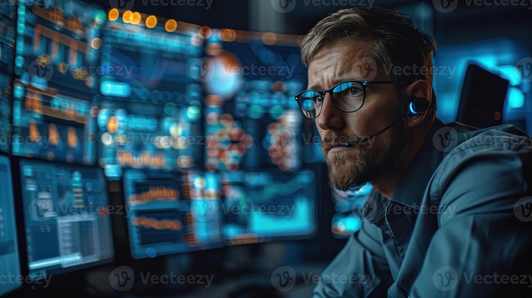 A man is sitting in front of a computer monitor security network photo