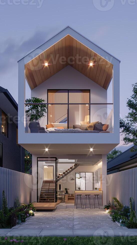 A modern house with a large balcony and a small garden photo