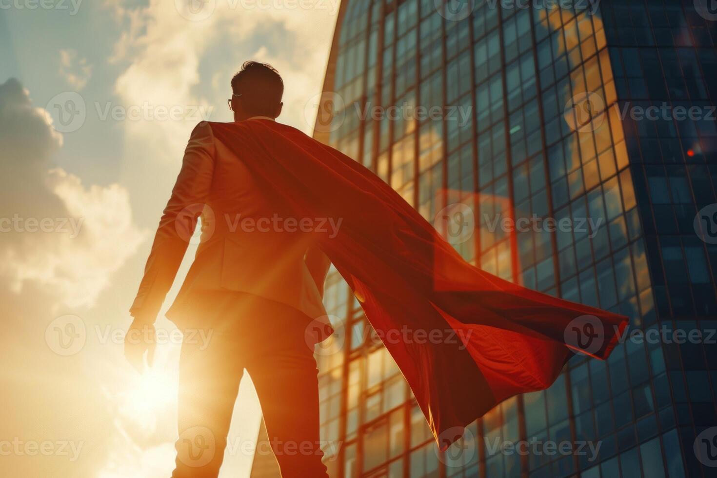 A man in a red cape stands on a rooftop in a city photo