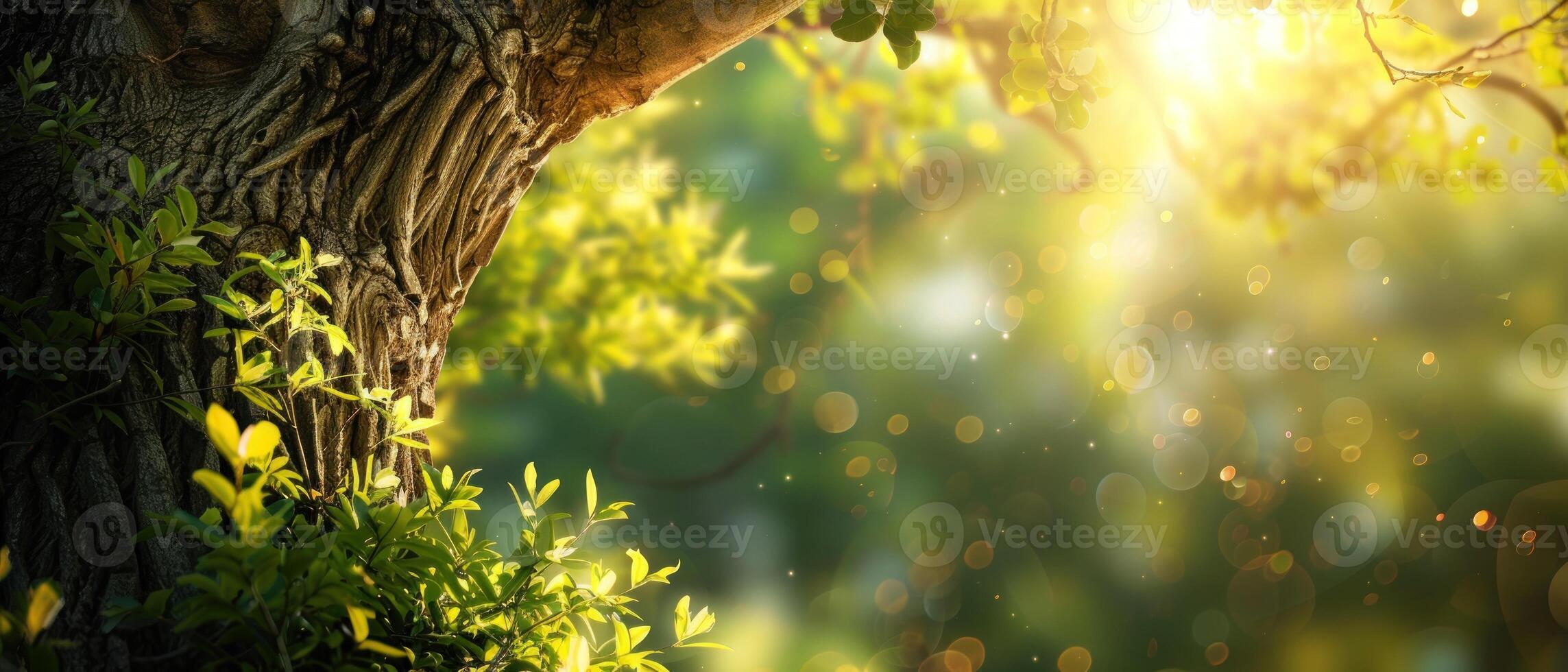 A tree with leaves and a trunk is in the sunlight photo