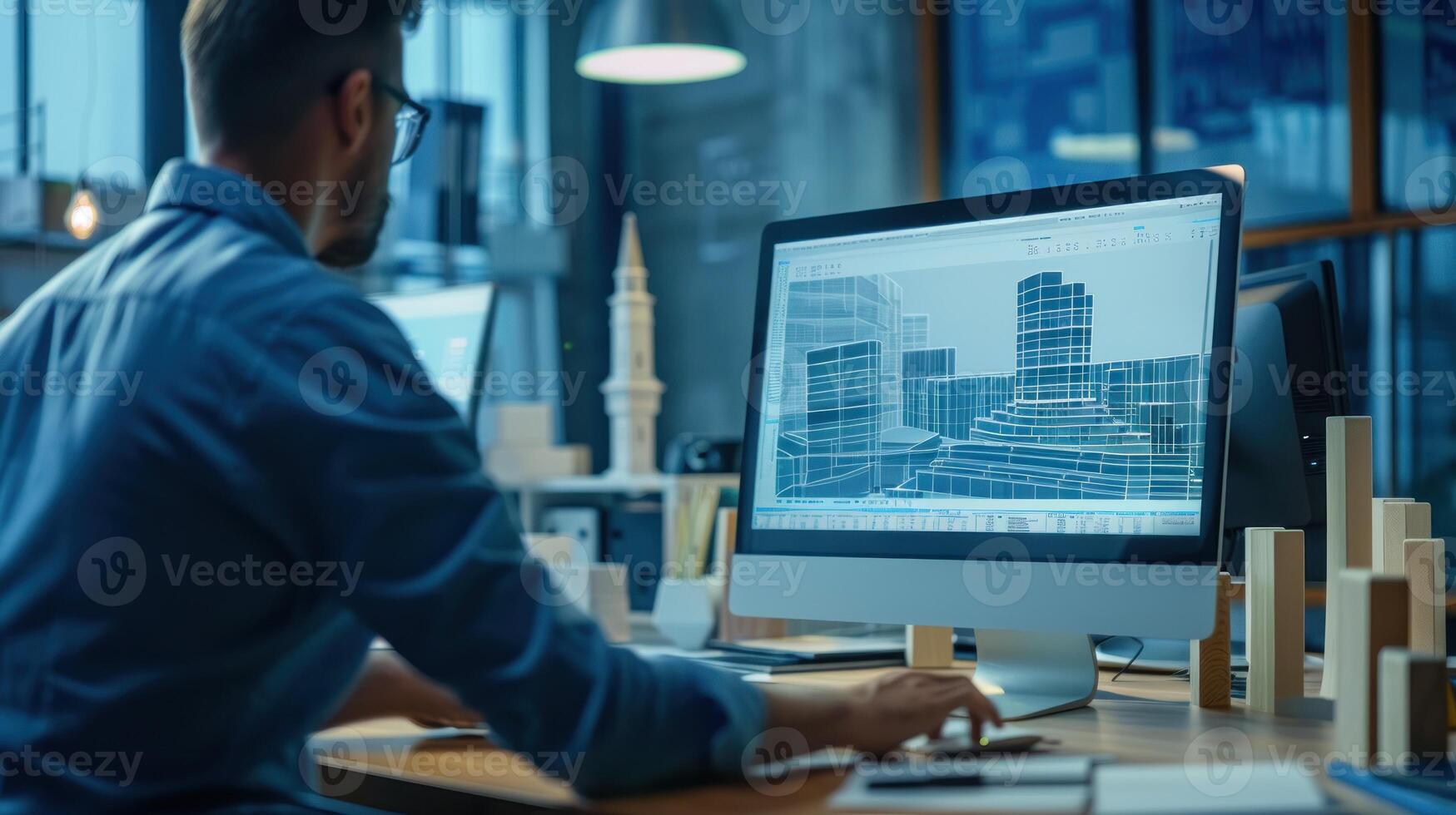 A man is sitting at a desk with a computer monitor in front of him photo