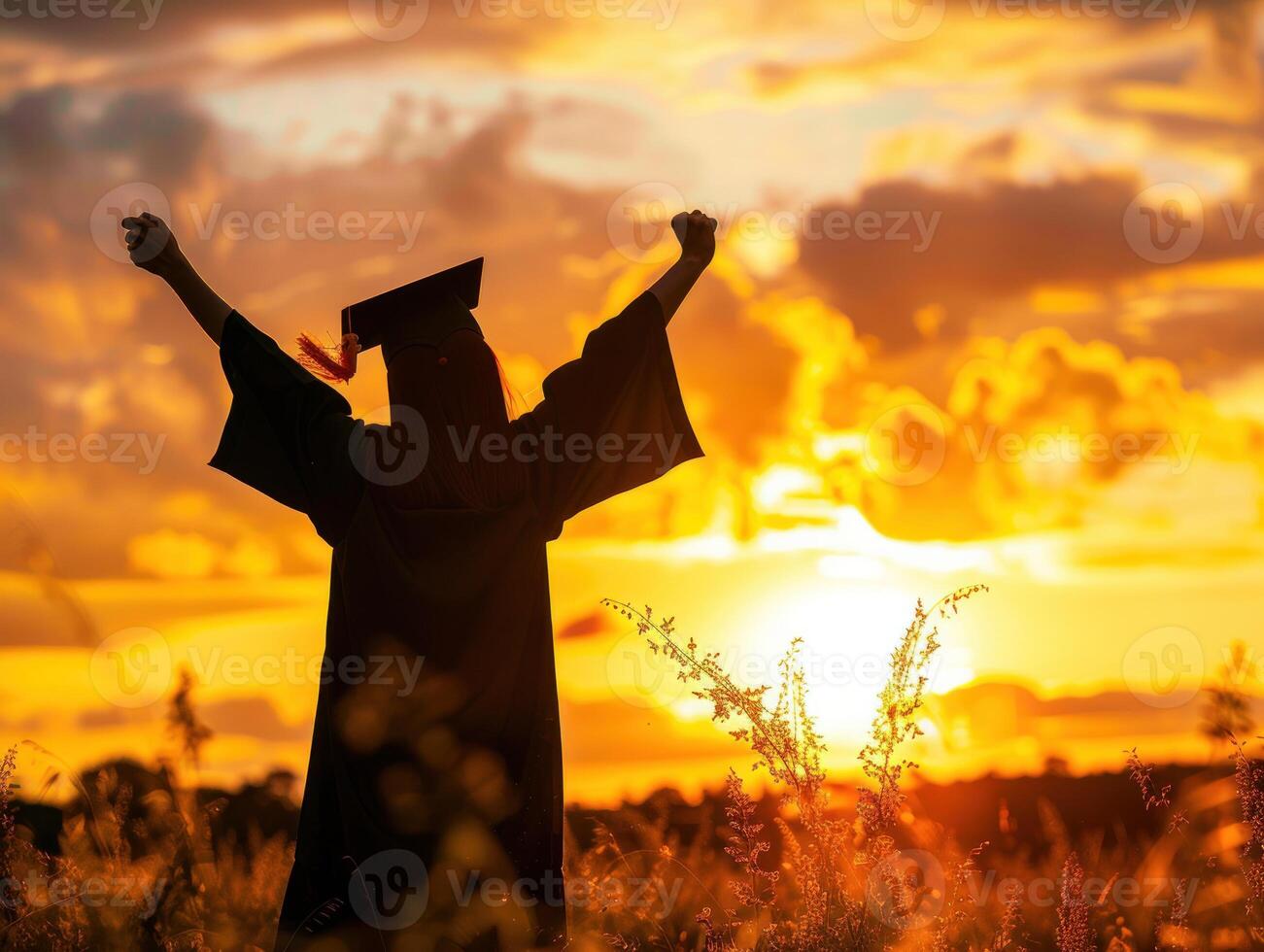 A woman in a graduation cap and gown is standing in front of a sunset photo