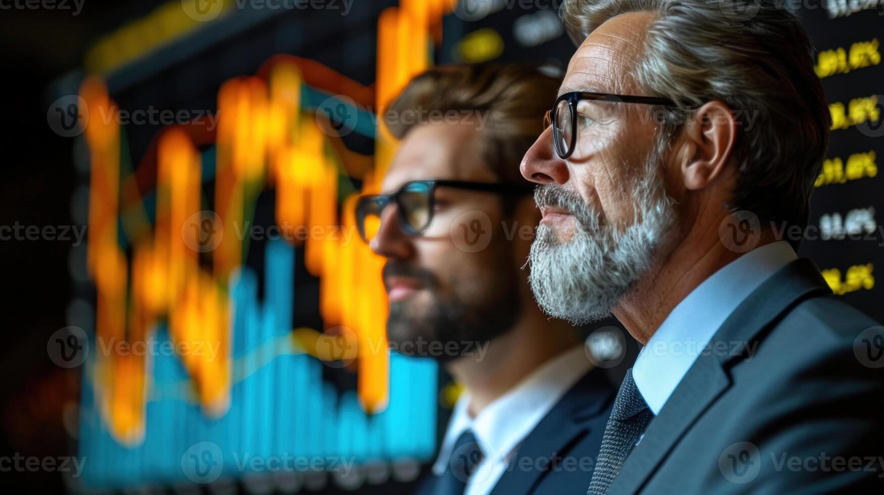 Two men in suits are looking at a screen with graphs on it photo