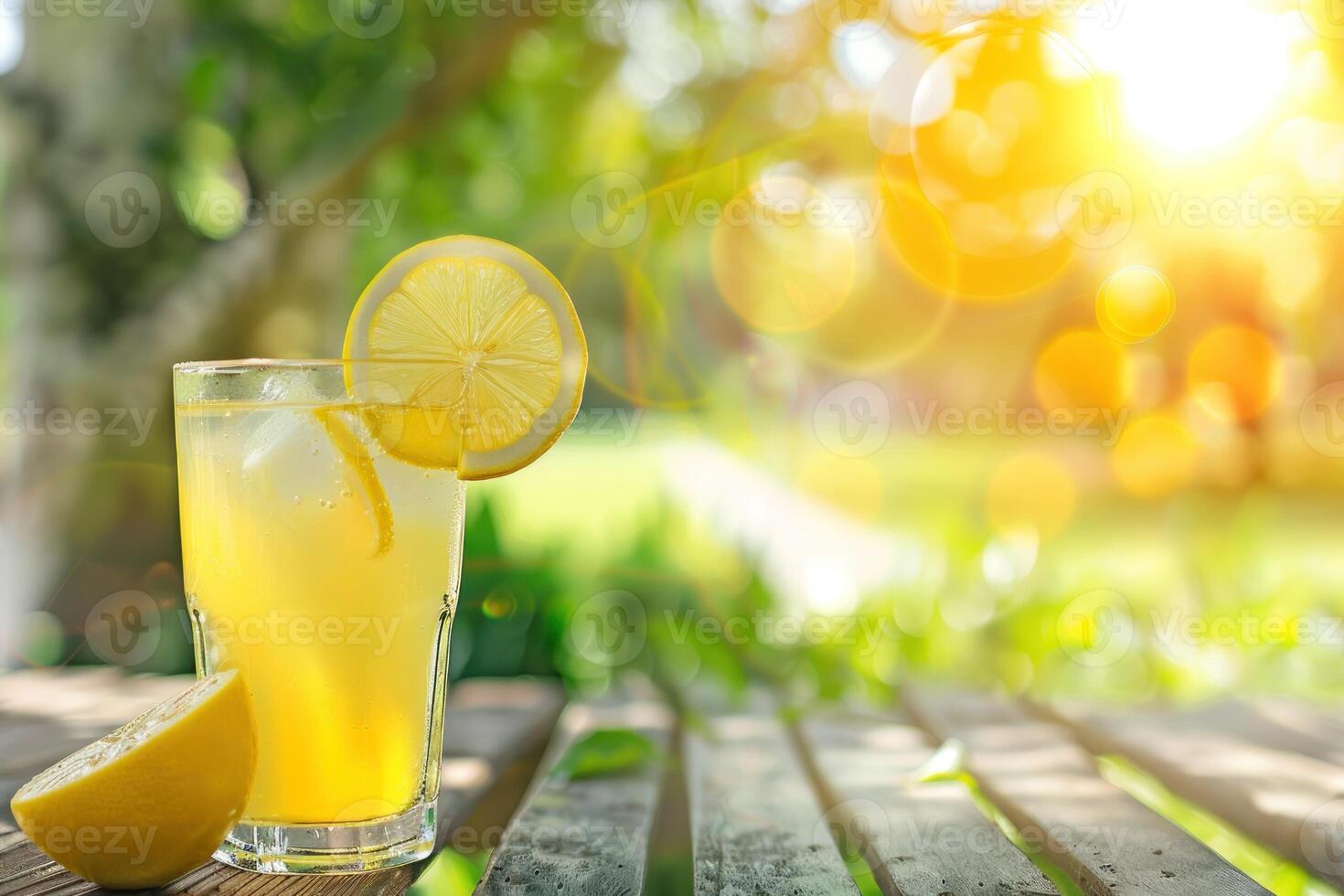 A glass of lemonade with a straw in it and a slice of lemon on the side photo