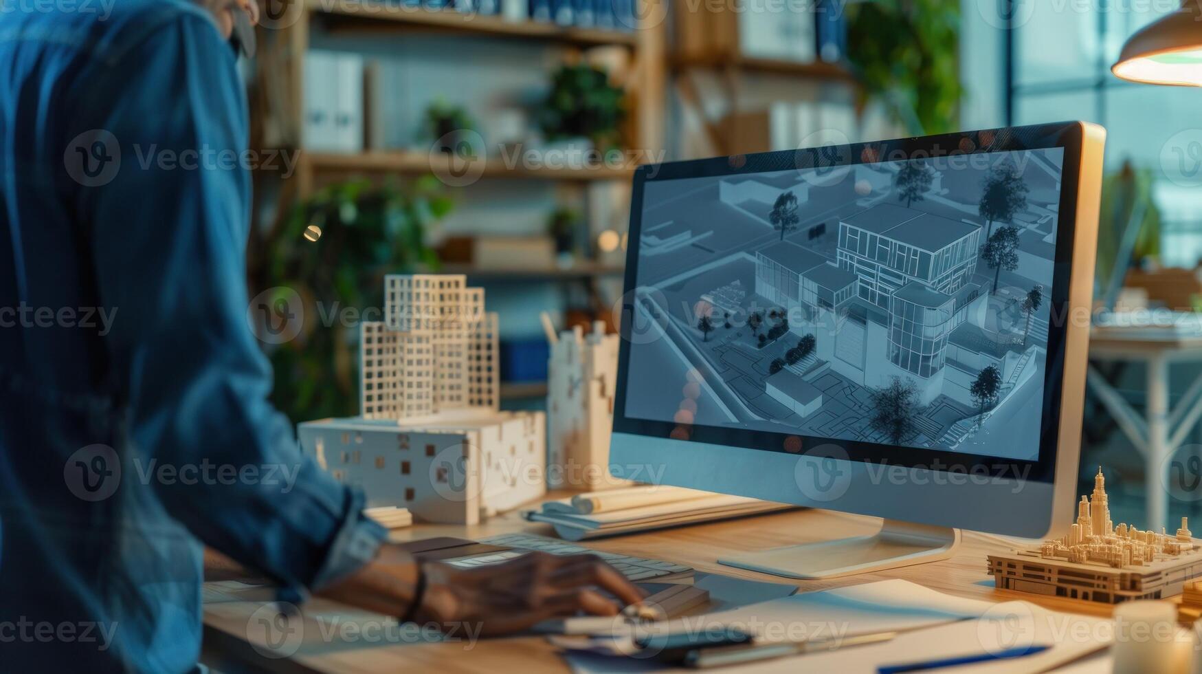 un hombre es sentado a un escritorio con un computadora monitor en frente de él foto