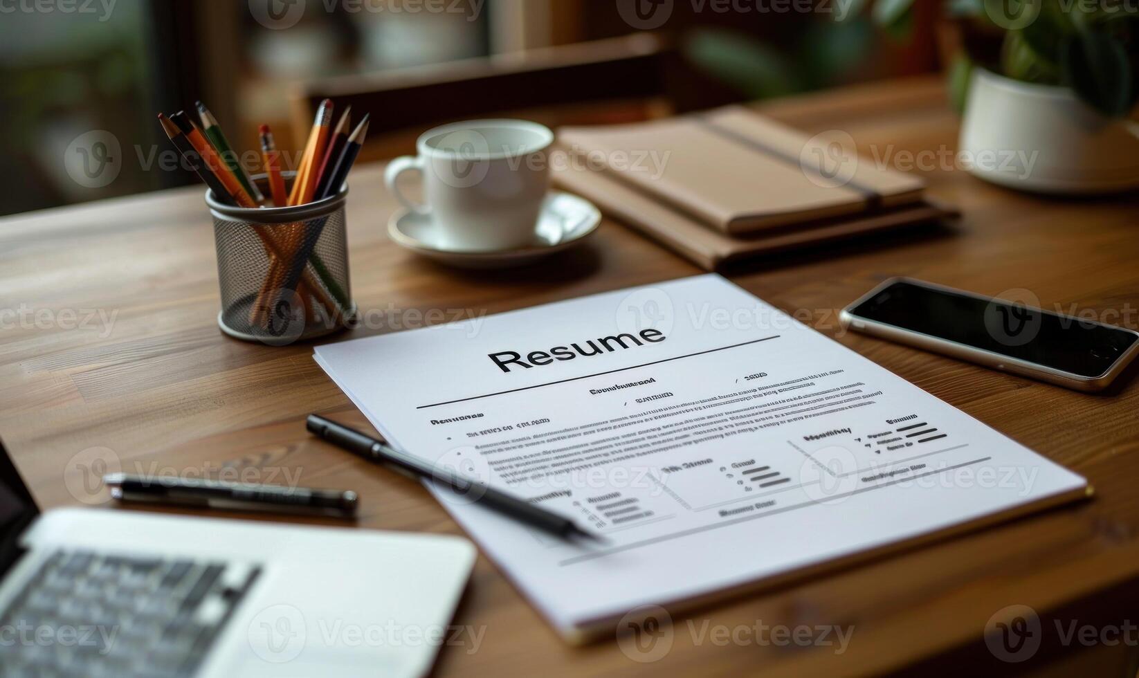 A resume is on a table with a pen and a laptop photo