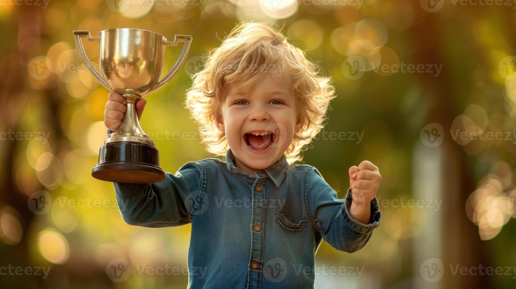 A young child is holding a trophy and smiling photo