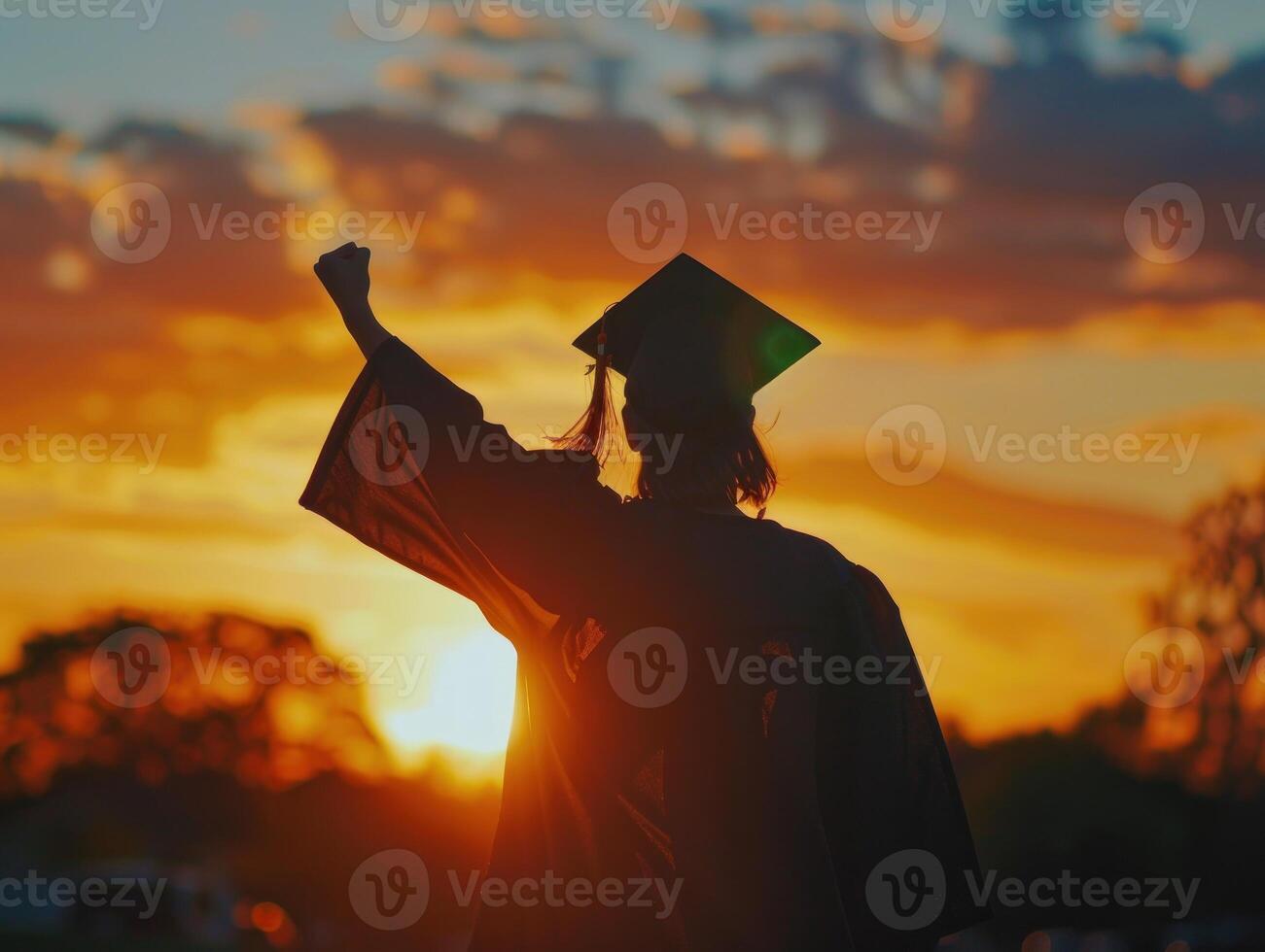 A woman in a graduation cap and gown is standing in front of a sunset photo