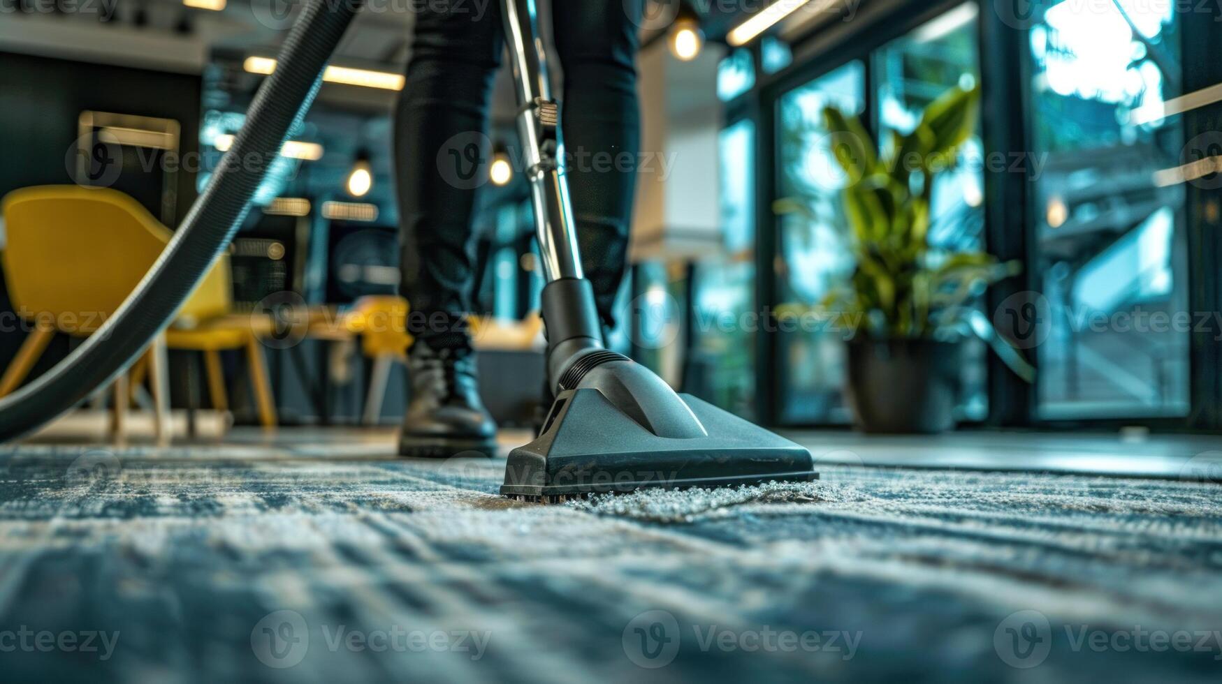 A person is vacuuming a carpet photo