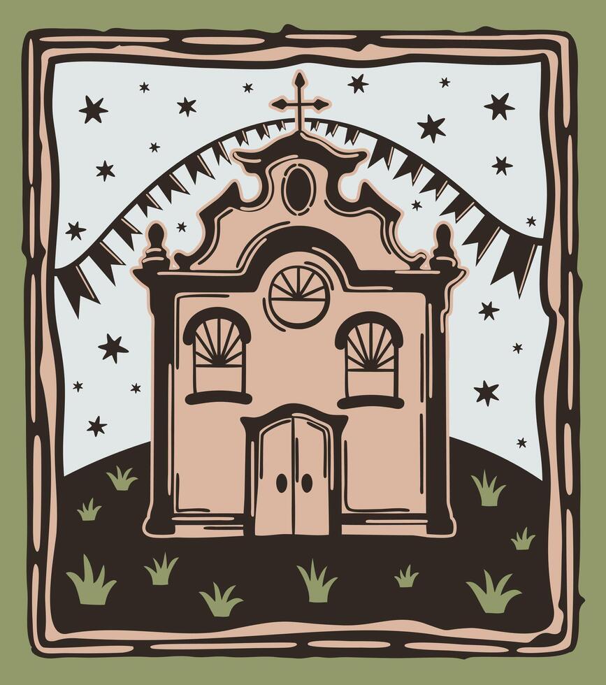 festa junina en Brasil. cordel xilografía estilo. iglesia, estrellado cielo, fiesta banderas y plantas vector