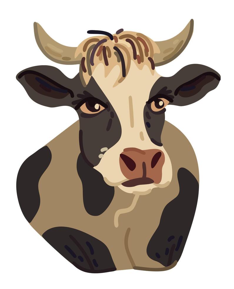 Farm cow head design. Cute spotted cow with long eyelashes vector