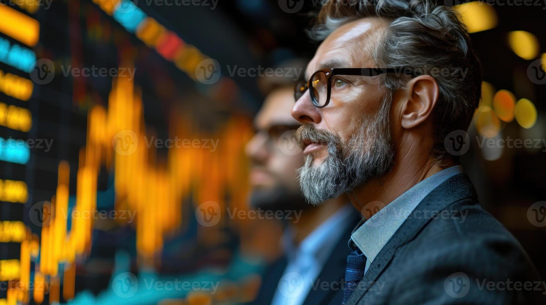 Two men in suits are looking at a screen with graphs on it photo