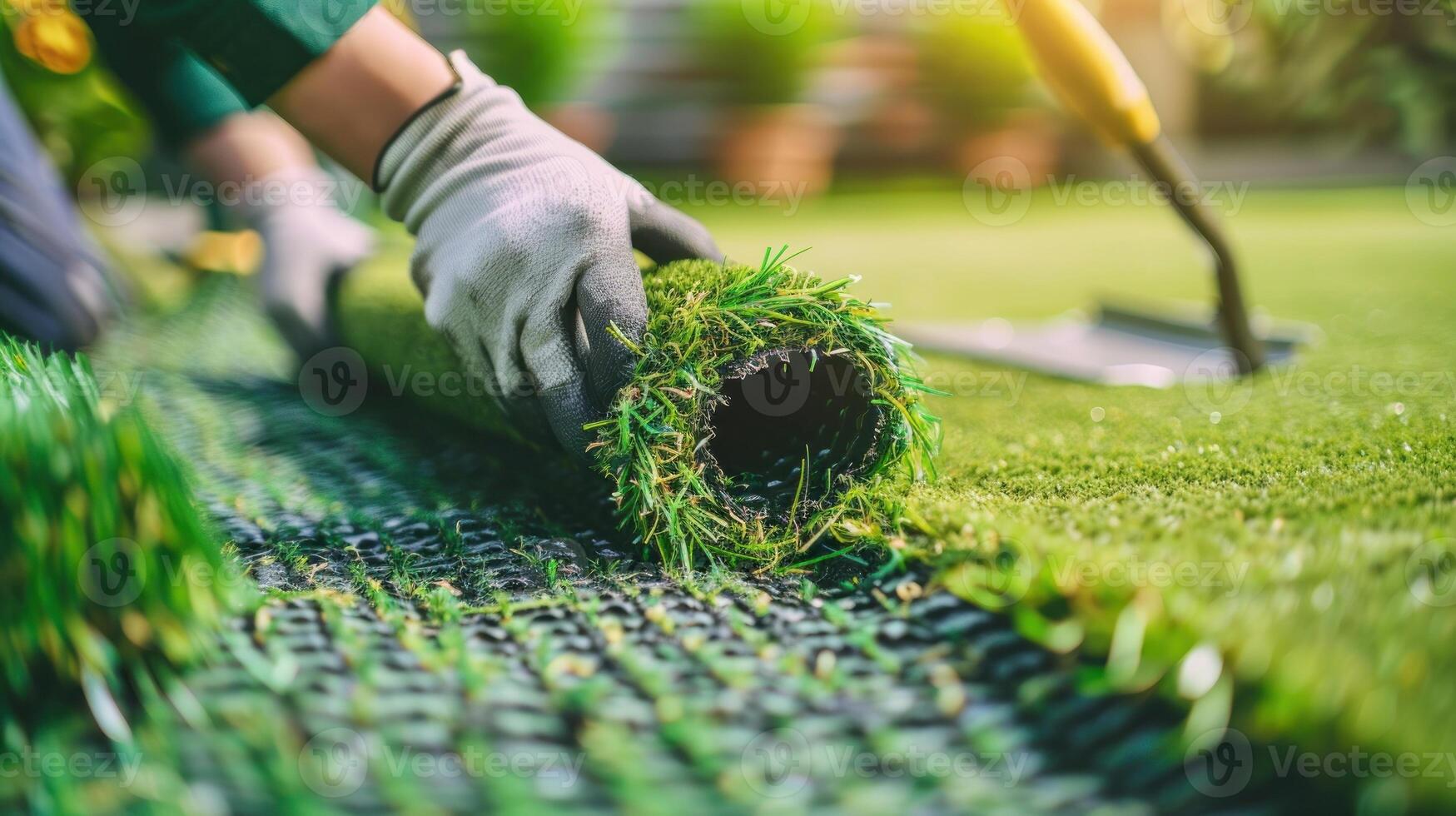 A man is laying down a piece of artificial grass photo