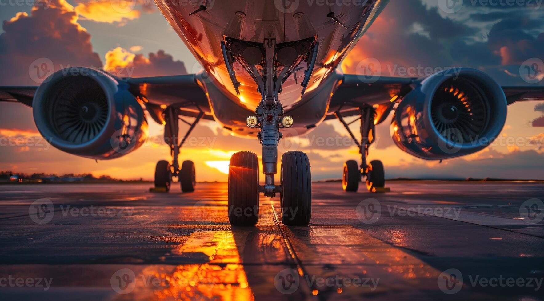 A large jet is on the runway with the sun setting in the background photo