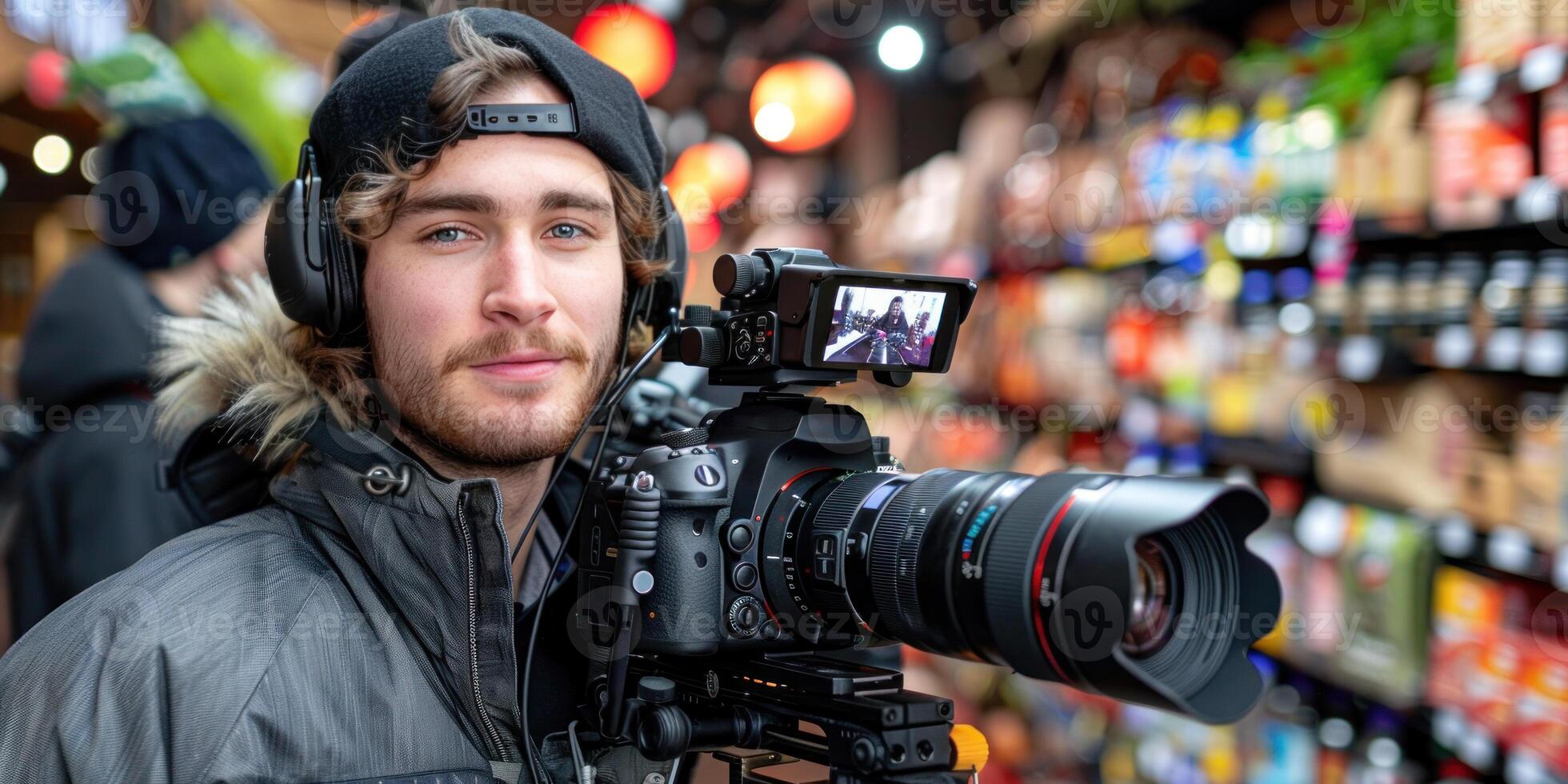 A man with a camera is smiling and holding a camera photo