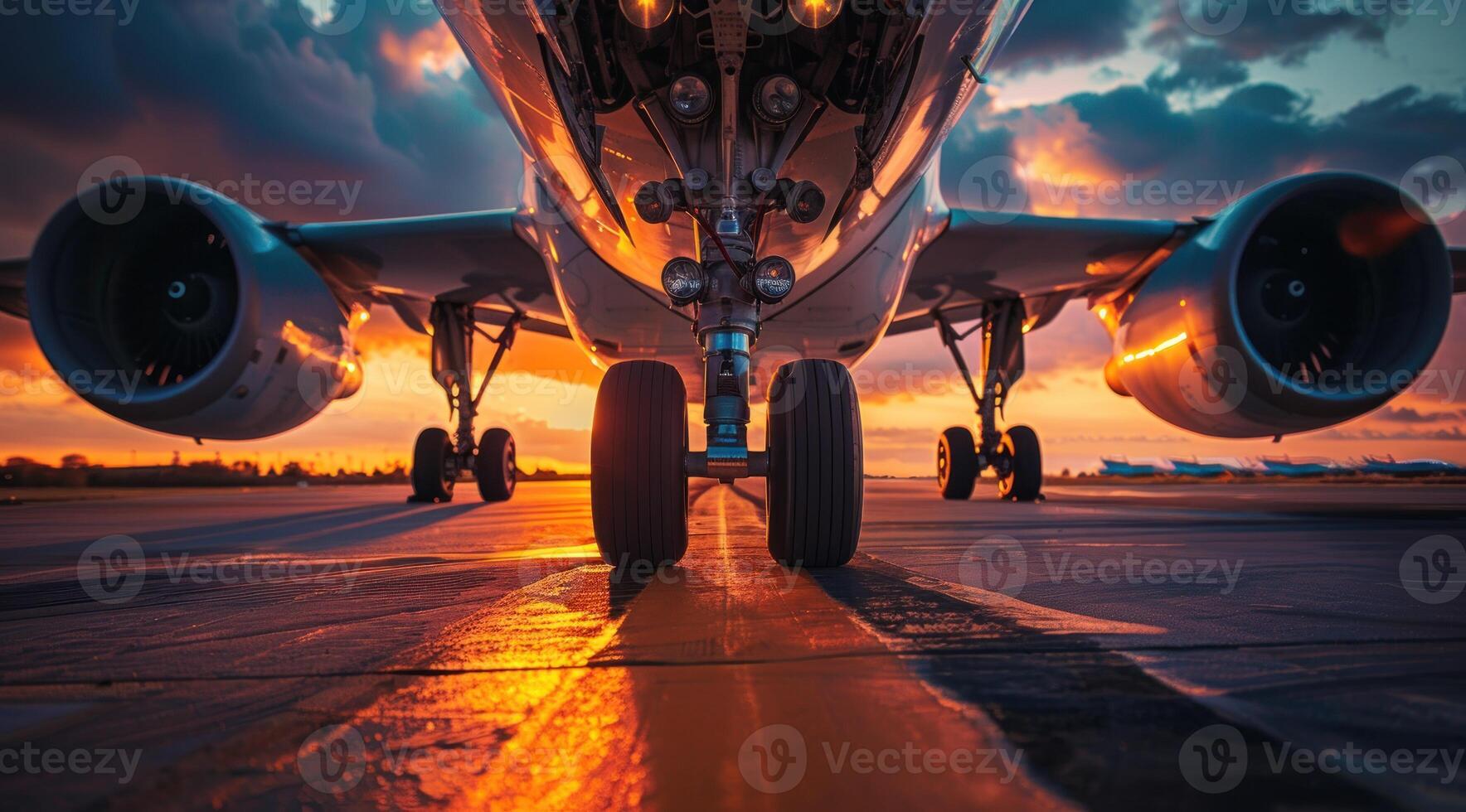 A large jet is on the runway with the sun setting in the background photo