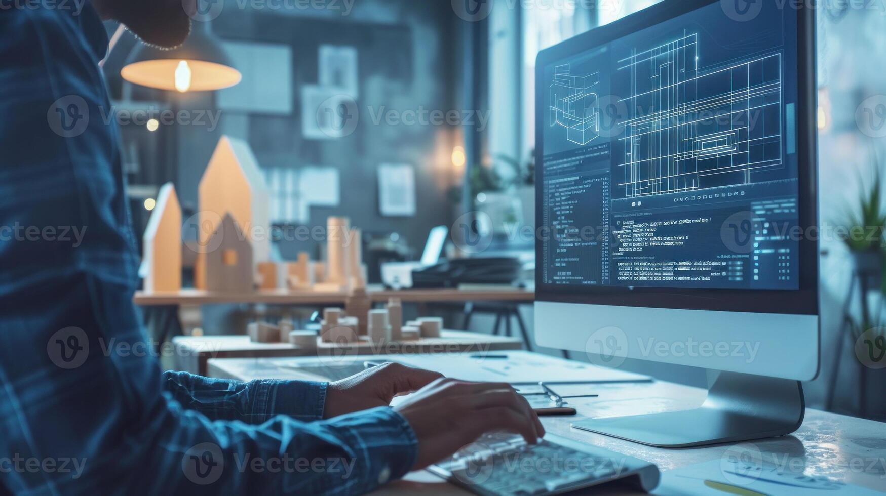 A man is sitting at a desk with a computer monitor in front of him photo