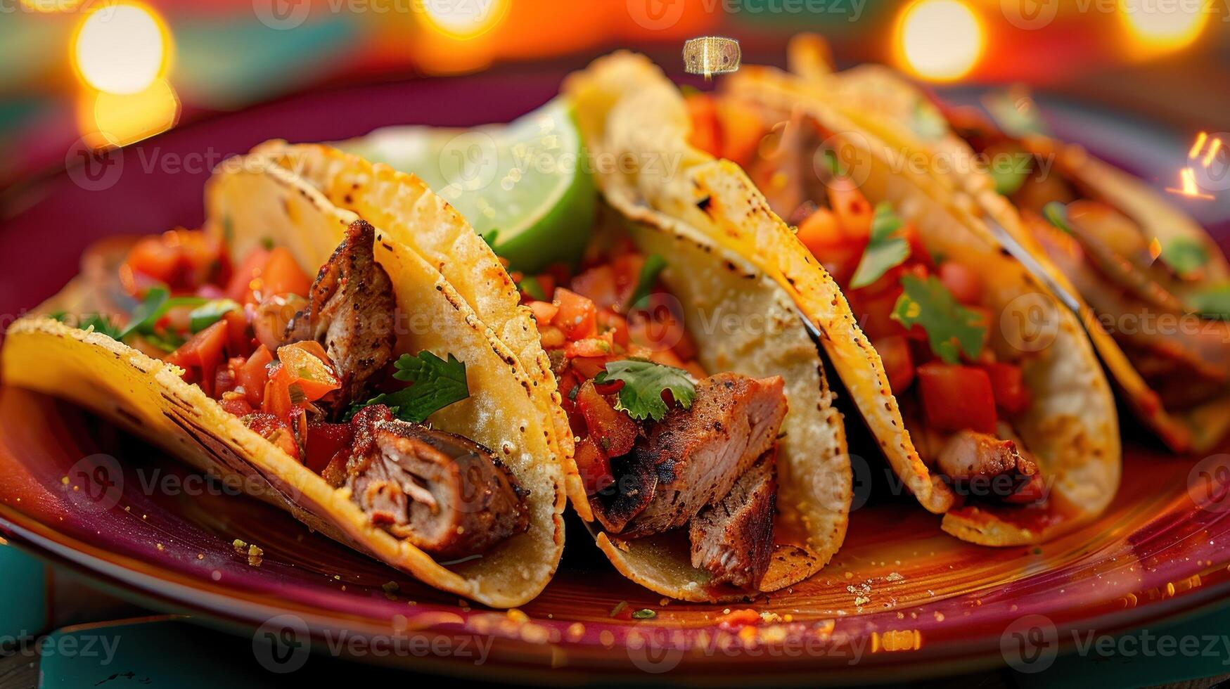 Three tacos with meat and vegetables on a red plate photo