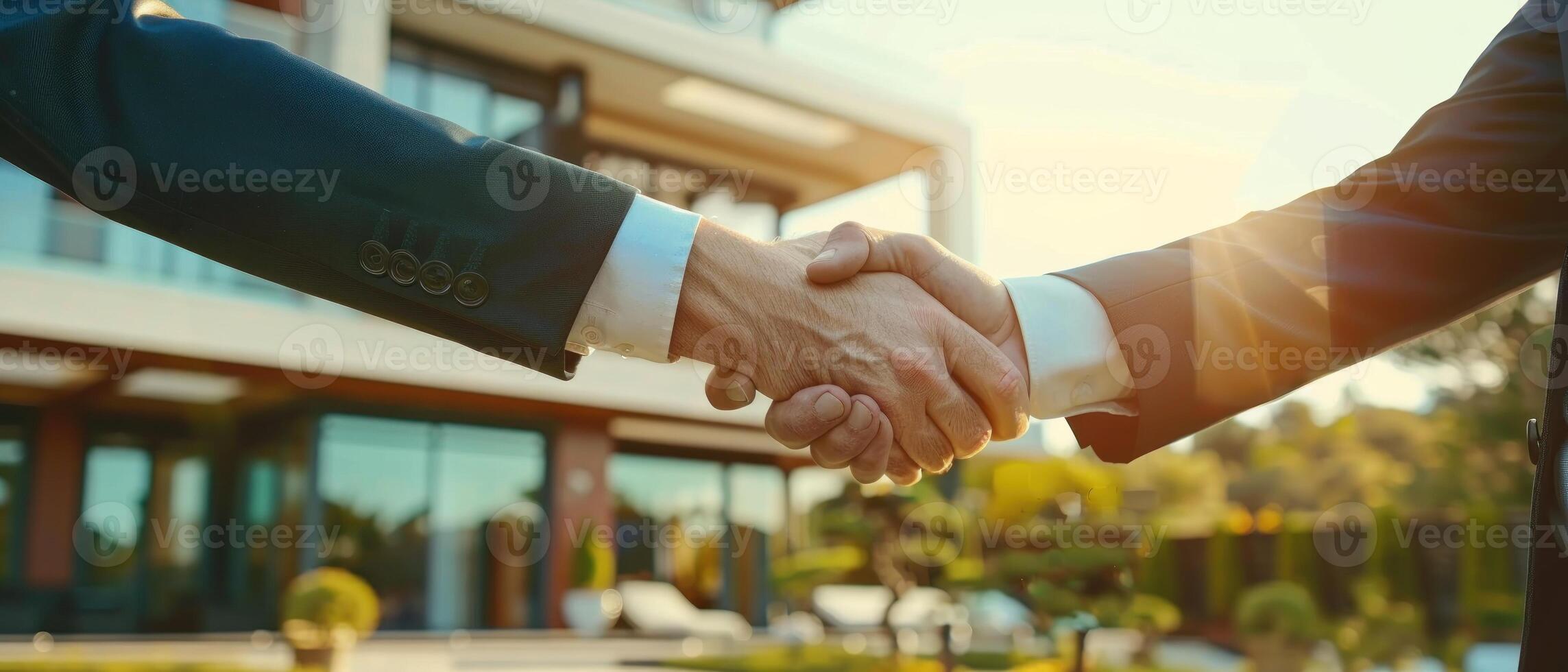 The concept of selling a house. People shaking hands in front of a house with a garden. Real estate and real estate photo