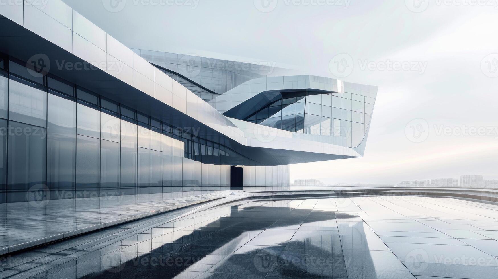 A large building with a lot of windows and a slanted roof photo
