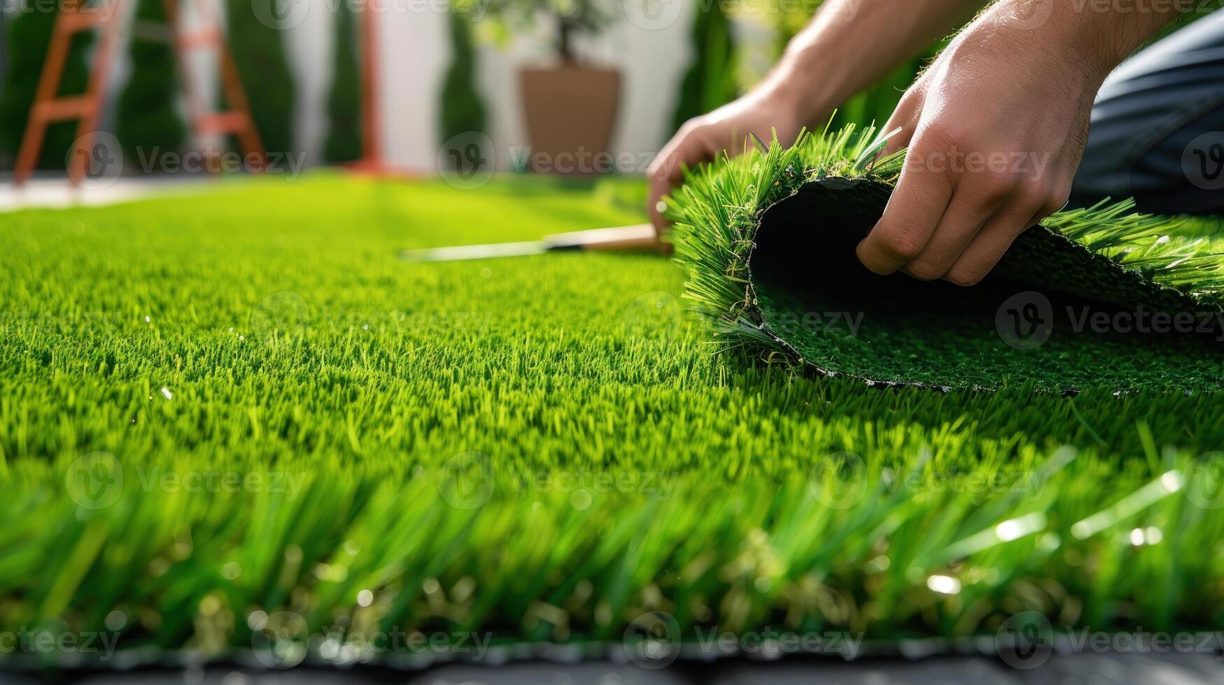 A man is laying down a piece of artificial grass photo