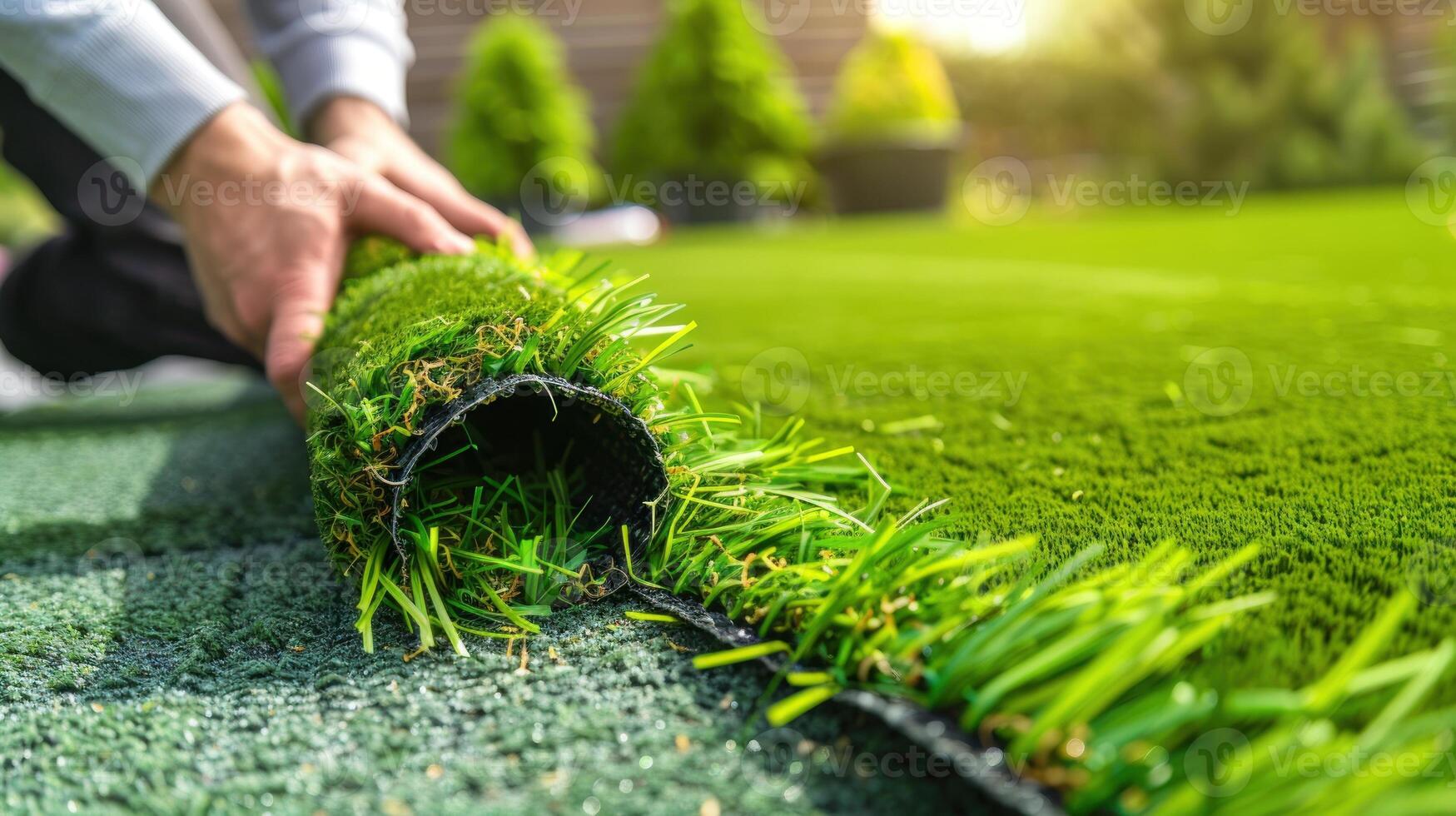 A man is laying down a piece of artificial grass photo