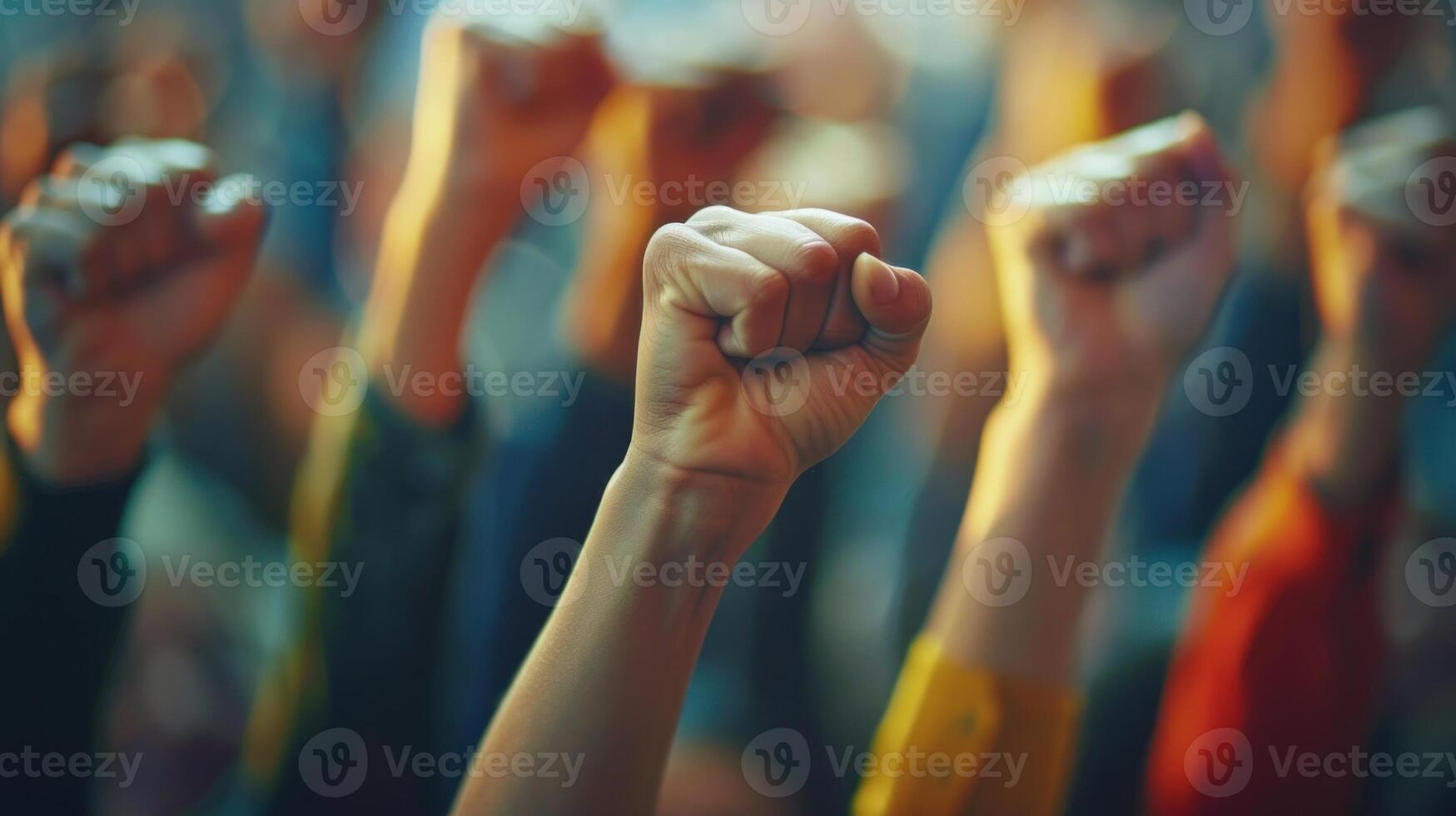 A group of people are standing together and raising their fists in the air photo