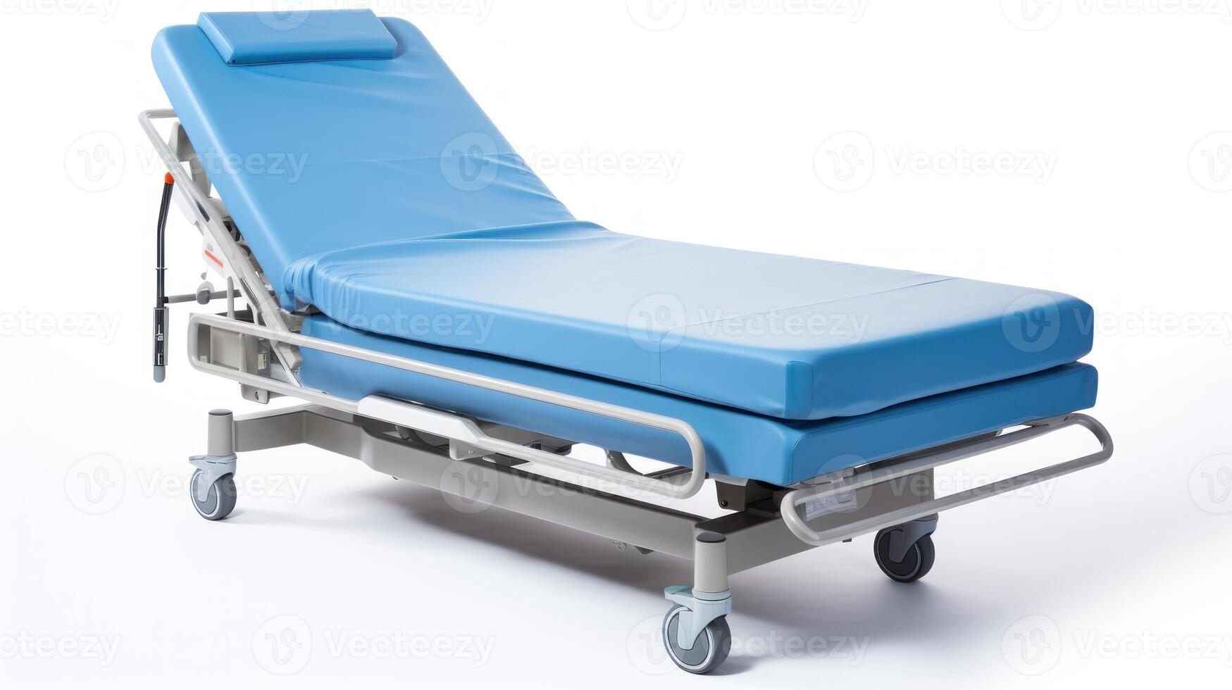 A hospital bed with a blue sheet and a white pillow photo