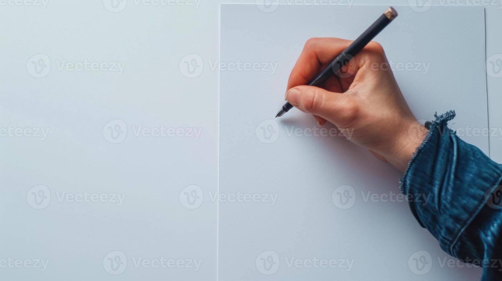 A hand is writing on a blank piece of paper with a pen photo