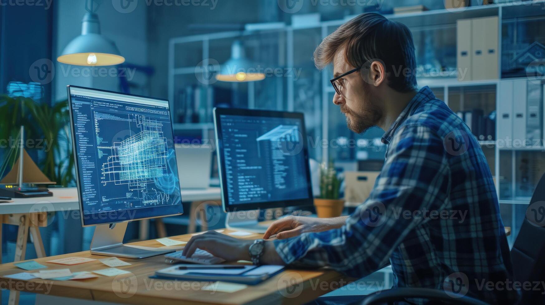 A man is sitting at a desk with a computer monitor in front of him photo