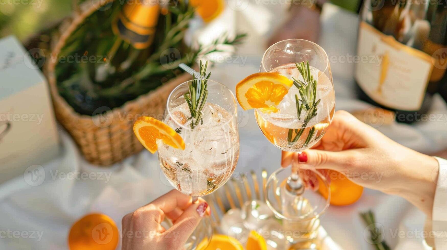 People are holding up two glasses of a drink with orange slices in them photo