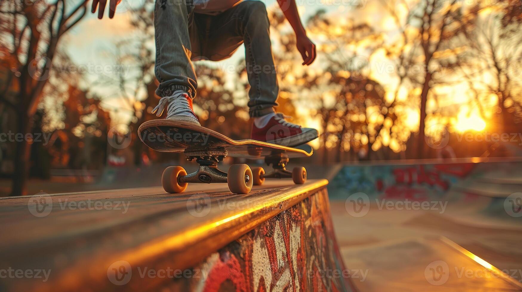 A man is skateboarding on a ramp with graffiti on the wall photo