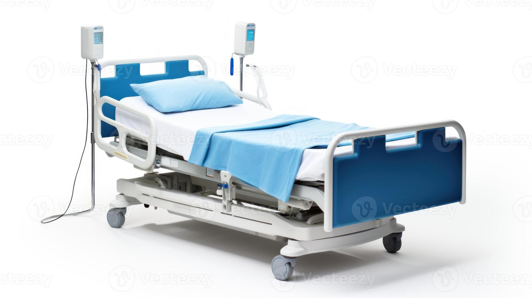 A hospital bed with a blue sheet and a white pillow photo