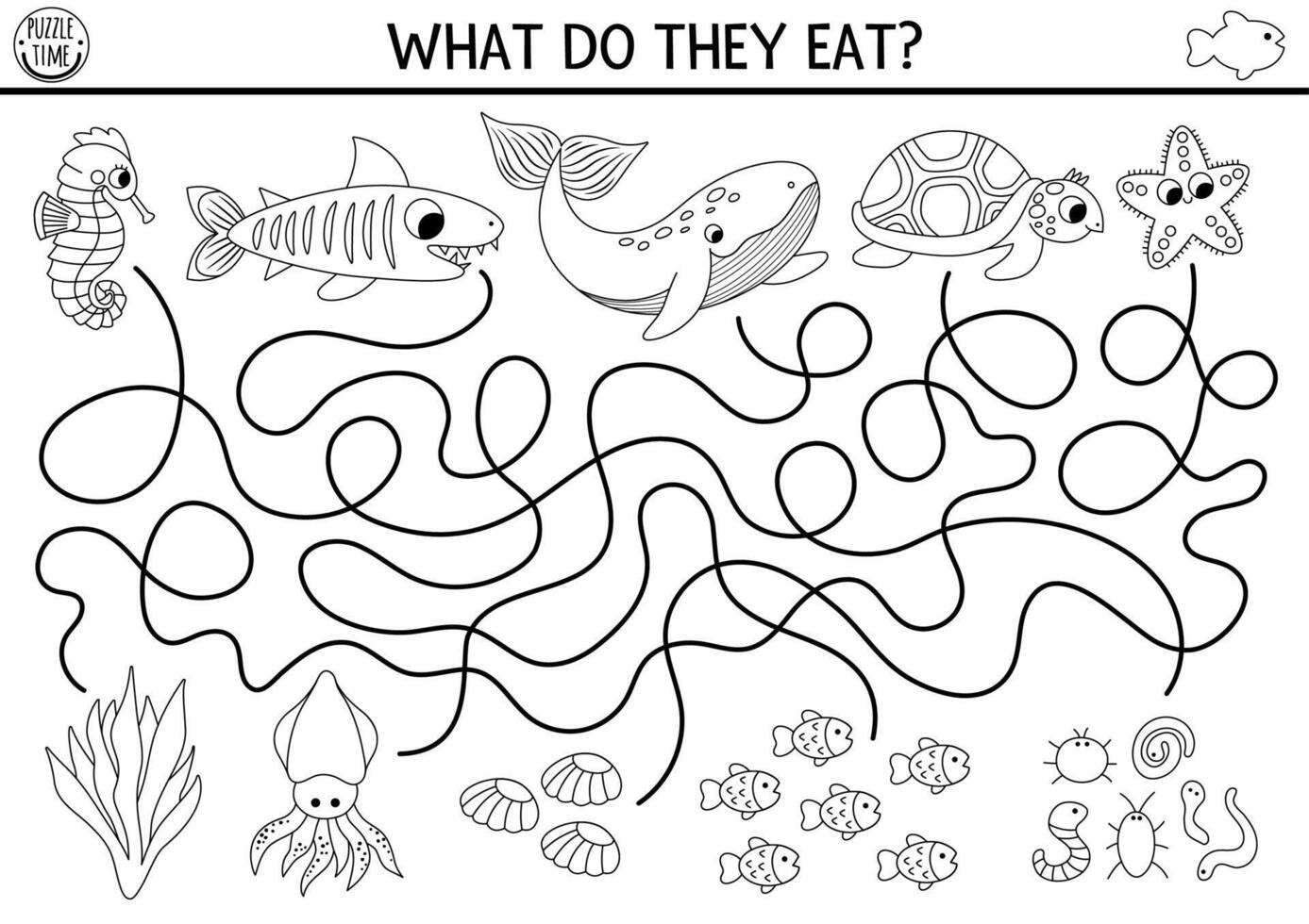 Under the sea black and white maze for kids with turtle, whale, shark, seahorse. Ocean line preschool printable activity with fish, food. Water labyrinth game, coloring page. What do they eat vector