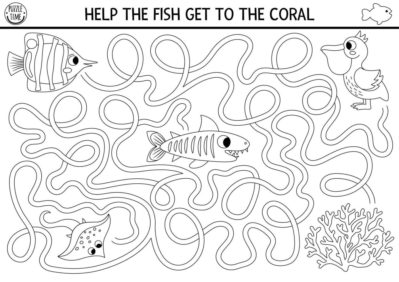 Under the sea black and white maze for kids with shark, pelican, coral, rayfish. Ocean line preschool printable activity. Water labyrinth gam, coloring page. Help the butterfly fish get to the coral vector