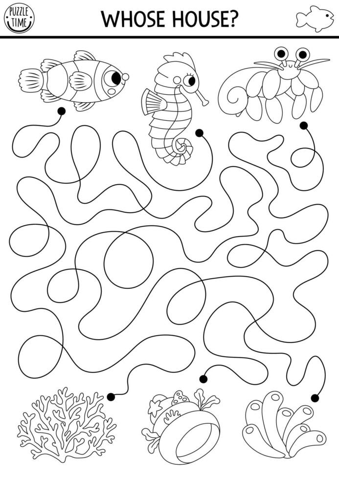 Under the sea black and white maze for kids with clown fish, seahorse, hermit crab and their houses. Ocean line preschool printable activity with corals, shell. Water labyrinth game, coloring page vector