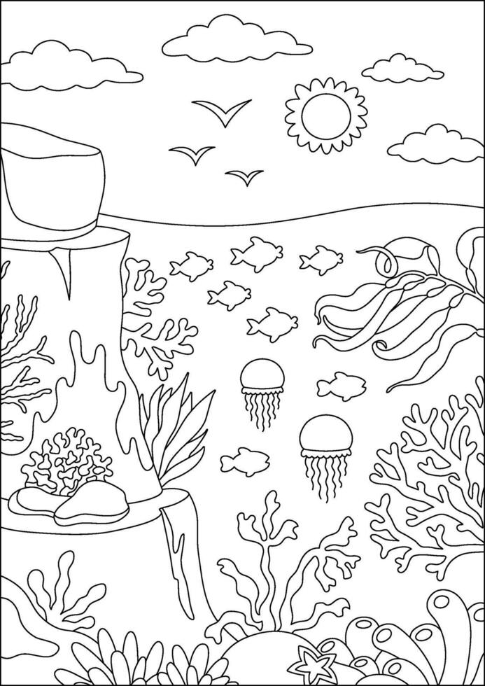 negro y blanco debajo el mar paisaje ilustración. Oceano vida línea escena con arrecife, algas, piedras, corales, pez, rocas linda vertical agua naturaleza antecedentes o colorante página vector